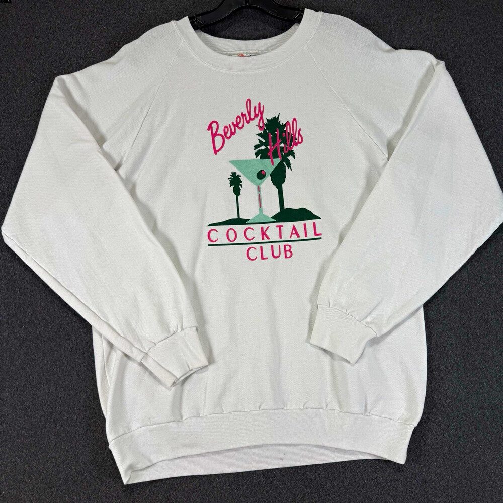 Vintage Beverly Hills Cocktail Club XL Made in USA White Graphic Crewneck